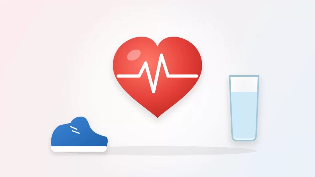 How to lower resting heart rate illustration: a heart with a pulse line beside a running shoe and a glass of water