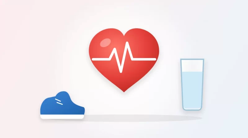How to lower resting heart rate illustration: a heart with a pulse line beside a running shoe and a glass of water