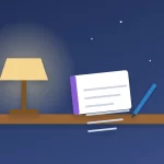 How to stop overthinking at night illustration: a notebook with a pen beside a bedside lamp under a crescent moon
