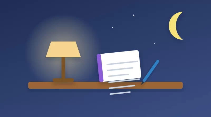 How to stop overthinking at night illustration: a notebook with a pen beside a bedside lamp under a crescent moon