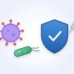 Infections that cause cancer illustration: a virus and a bacterium beside a protective shield and a vaccine