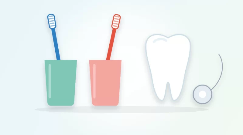 Is gingivitis contagious illustration: two toothbrushes in separate cups beside a healthy tooth and dental floss