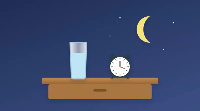 Is it bad to drink water before bed illustration: a glass of water on a nightstand beside an alarm clock under a crescent moon