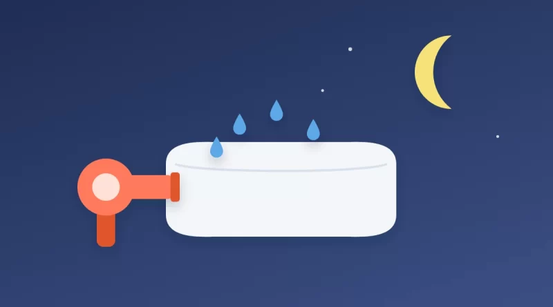 Is it bad to sleep with wet hair illustration: a pillow with water droplets beside a hair dryer under a crescent moon