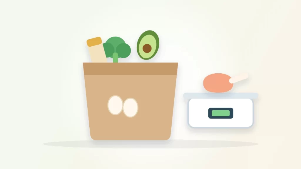 Macro counting grocery list illustration: a grocery bag with oats, broccoli, an avocado and eggs beside a kitchen scale with chicken