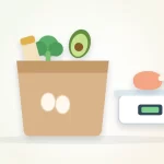Macro counting grocery list illustration: a grocery bag with oats, broccoli, an avocado and eggs beside a kitchen scale with chicken