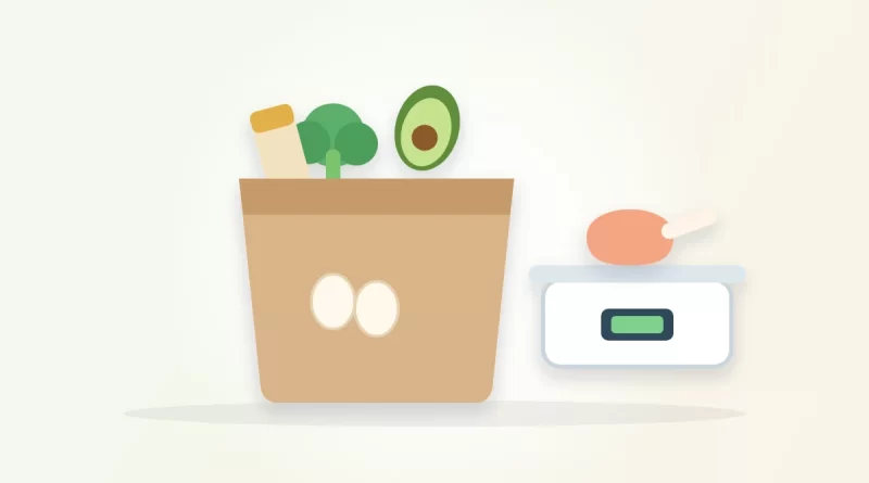 Macro counting grocery list illustration: a grocery bag with oats, broccoli, an avocado and eggs beside a kitchen scale with chicken