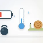 Signs of slow metabolism illustration: a low battery, a cold thermometer, a snail and a kettlebell