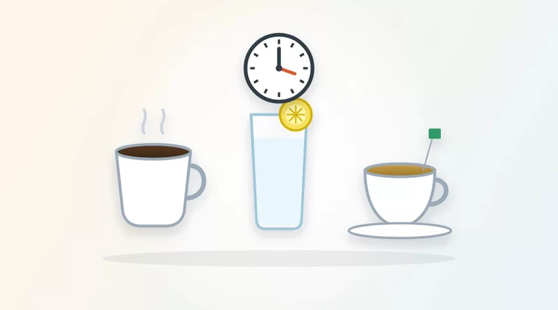 What breaks a fast illustration: a cup of black coffee, a glass of lemon water and a cup of tea beneath a clock